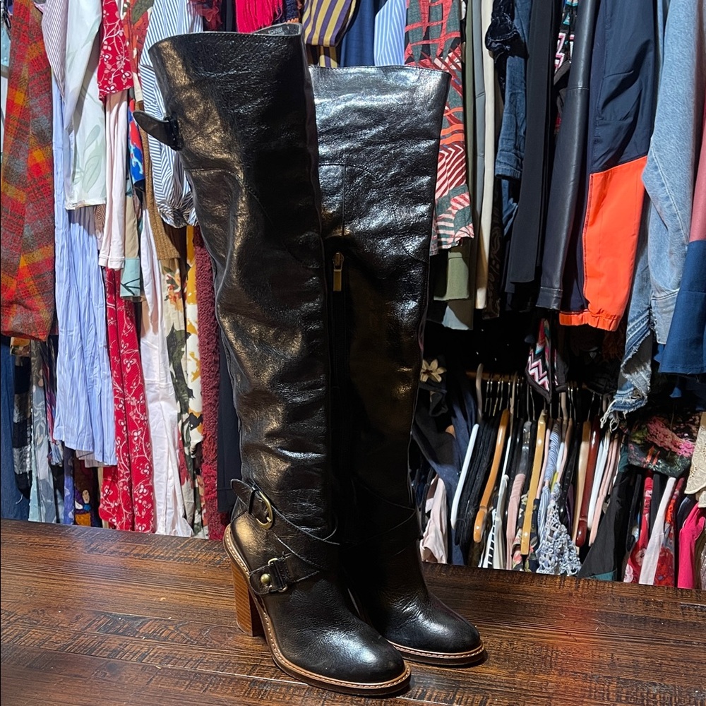 Vintage Boutique 9 Black Leather Knee-High Boots Stacked Wooden Heel Size 5
